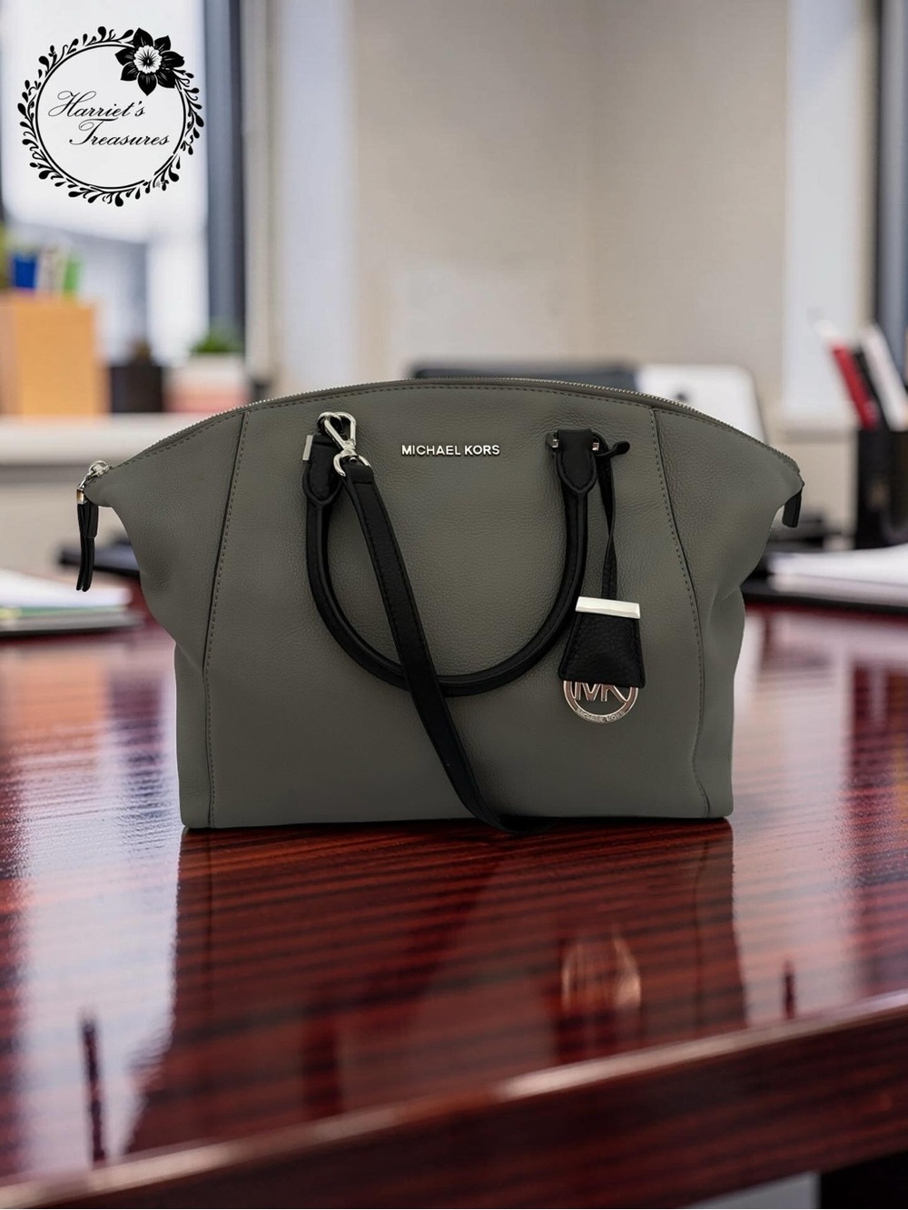 Michael Kors Olive-Gray Leather Tote with Black Straps